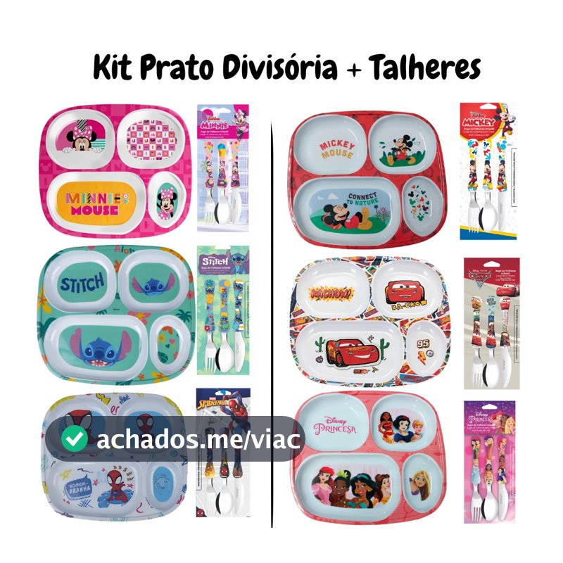 Kit Prato  Divisória + Talheres Infantil Personagens  Disney BPA Free Disney Homem Aranha Princesas Carros