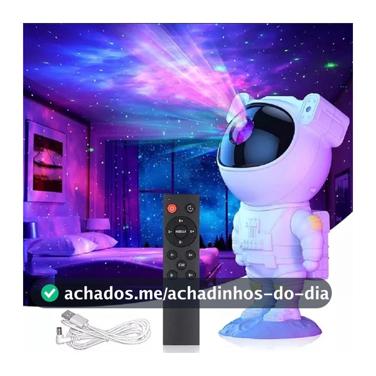 Projetor Astronauta Galáxia LED Nebulosa Estrelas 360° Controle Remoto USB Luminária Noturna