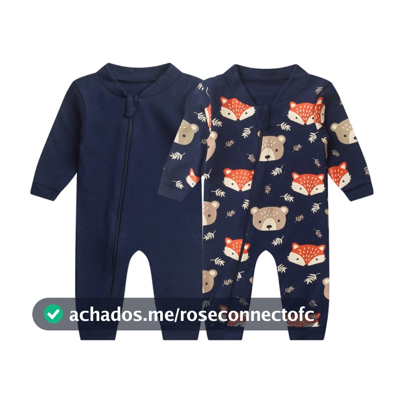 Kit 2 Macacão Bebê Zíper Frontal Suedine Liso e Estampado Sem Pé Enxoval para Bebês Menina, Menino e Unissex (RN/P/M/G)