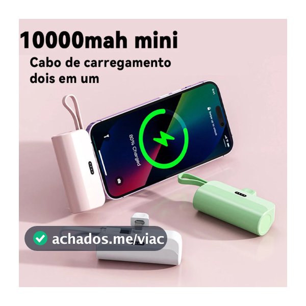 Carregador Portátil Mini Power Bank 10000mAh Com 02 Saídas Tipo-C / Lightning