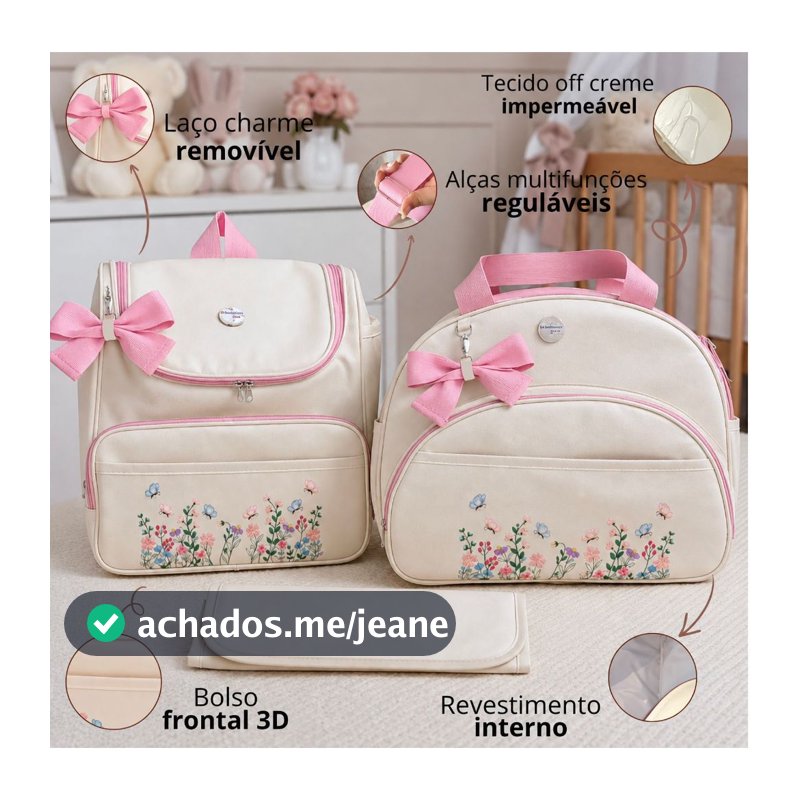 Bolsa Maternidade Grande Menina + Mochila de bebe + Trocador Impermeável Floral Enxoval Bibolinha