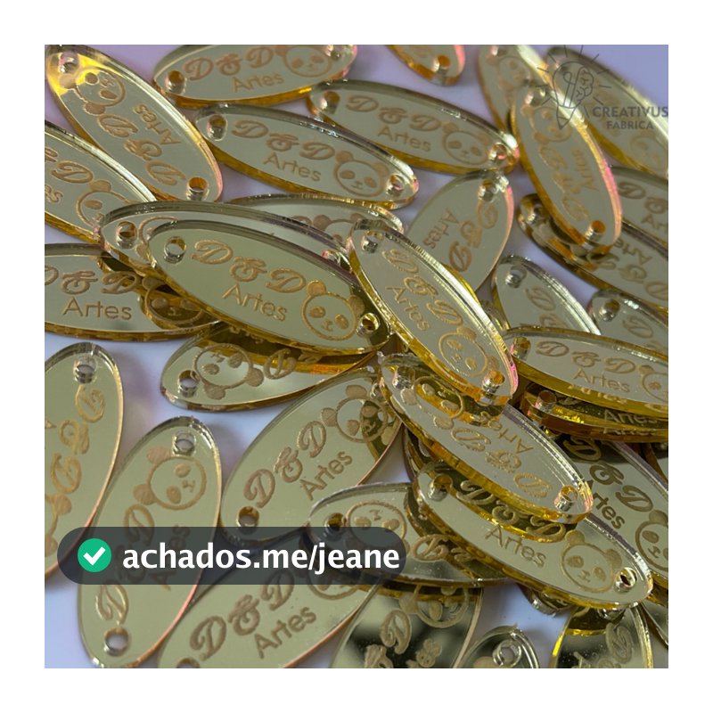 kit 50 tags PLAQUINHA OVAL 3x1,3 cm etiqueta crochê acrilico nomes personalizaveis logo