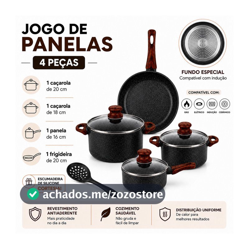 Jogo de Panelas 4 Peças Cerâmica Indução Antiaderente Presente Casamento Mãe Cortesia Escumadeira