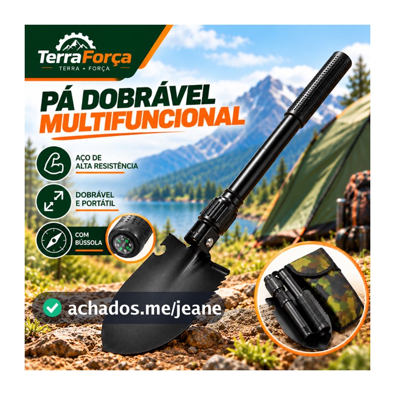 Pá Militar Dobrável Portátil Multifuncional com Bússola Vira Picareta para Camping Trilha Jardim e Emergência