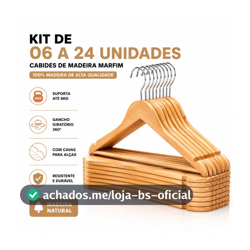 Kit 6 a 24 Cabides Madeira Premium Marfim Roupas Calca Gancho Cromado Antideslizante Duravel