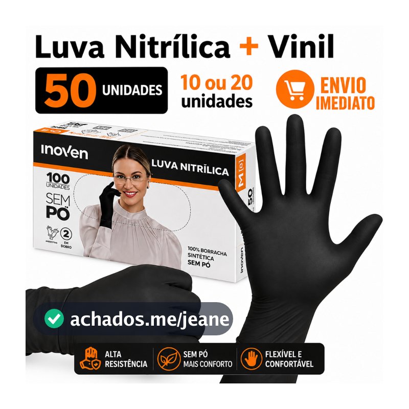 Luva Preta Vinil Nitrílica Sem Pó Descartável Alta Resistência