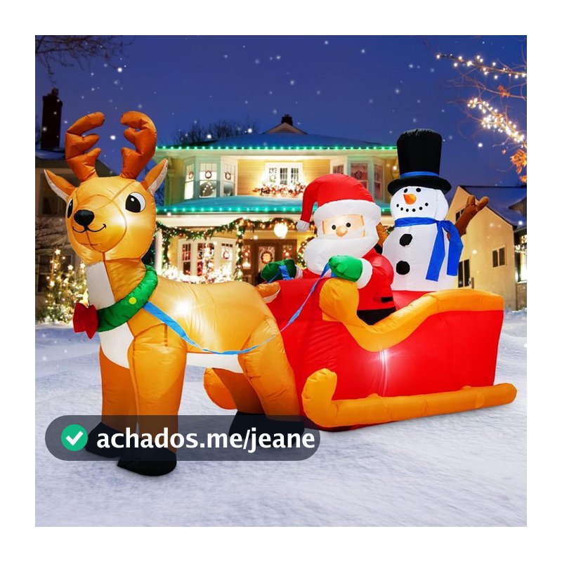 Decoração Inflável de Natal Renina Puxando Troninho com Papai Noel e Boneco de Neve Iluminada