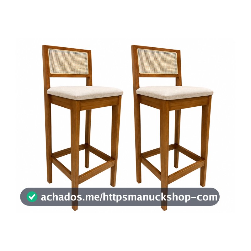 Kit 2 Banquetas Atlas Altas Linho com Encosto de tela tipo Palha Banqueta Cozinha Bancada Ilha Bar Elegante Confortável