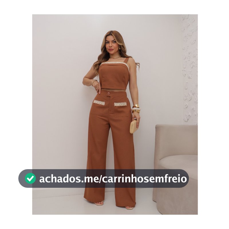 Conjunto Feminino Linho Cropped e Calça Com Bojo Moda Verão 3RD SD1624