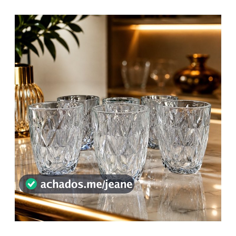 Jogo 6 Copos Diamante Vidro 300Ml Cristal Elegante Relevo Geométrico Drinks