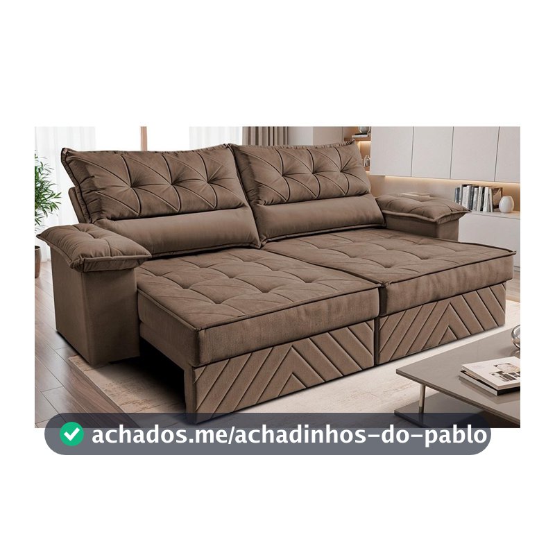 Sofá Retrátil e Reclinável 2,10m com Molas e Espuma D33 Thunder. Velusoft Cama inBox