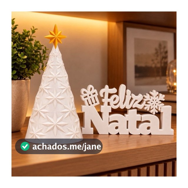 Kit Decoração Natal Árvore Branca Facetada Estrela Dourada Letreiro Feliz Natal Enfeite Mesa Aparador Presente