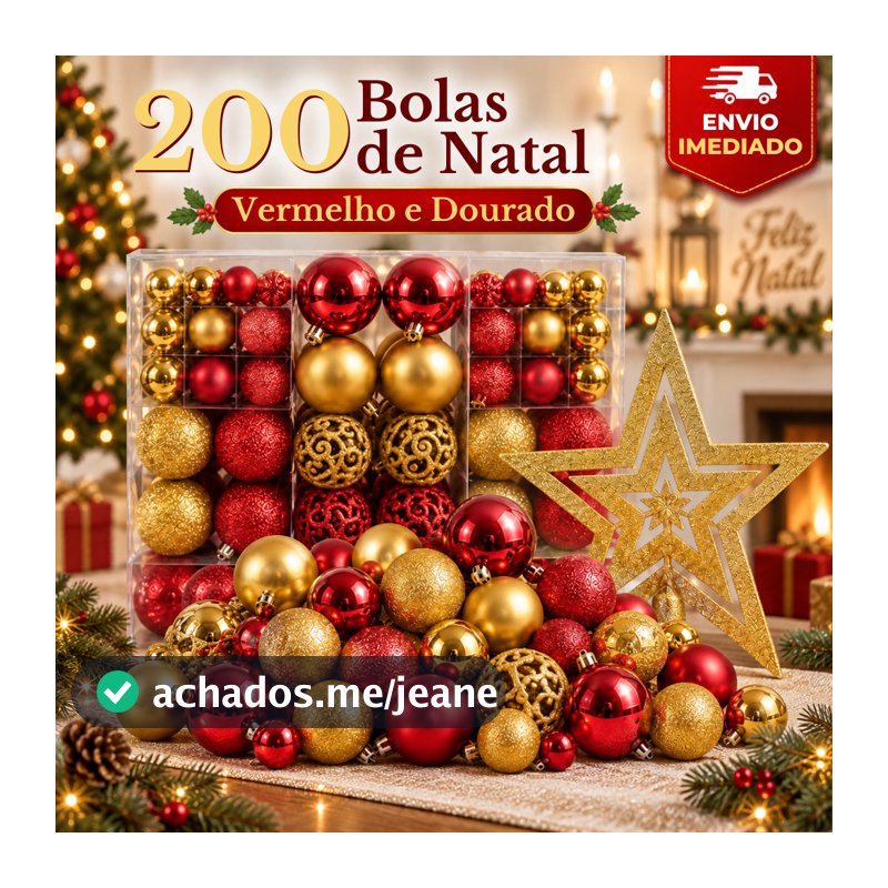 200 Enfeites Bolas de Natal Vermelhas e Douradas Tamanhos Variados Acompanha Estrela para Árvore