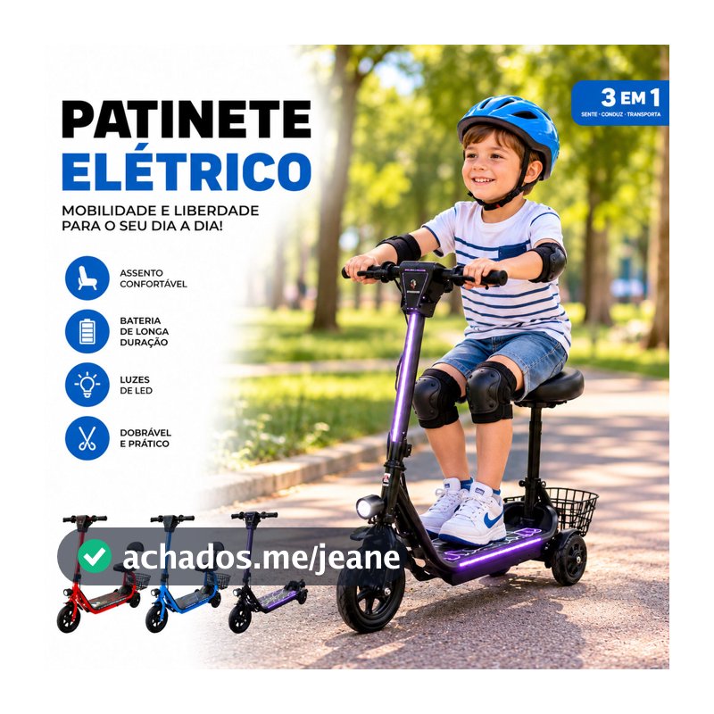 Patinete Elétrico 3 Rodas com Banco LED Dobrável Adulto Cesta Mobilidade