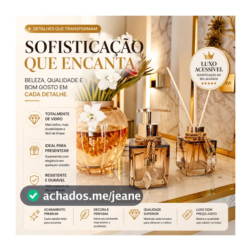 Kit Lavabo Vidro Luxo Com Bandeja Branco Vidro Ambar Banheiro Aroma Difusor