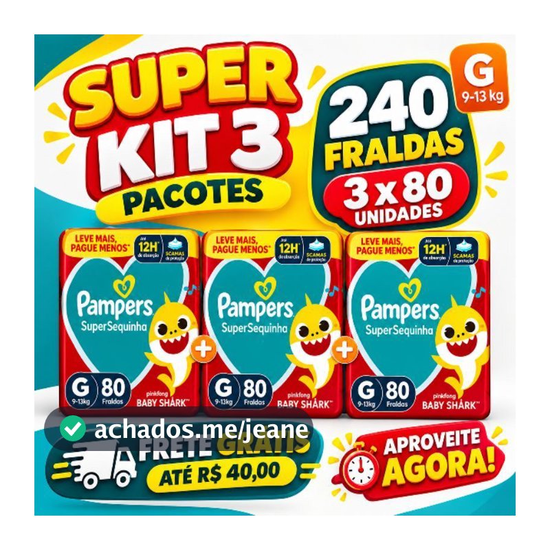 FRALDA PAMPERS SUPERSEQUINHA - SUPER KIT 3 PACOTES - TAMANHO G - TOTAL DE  240 UNIDADES - BABY SHARK