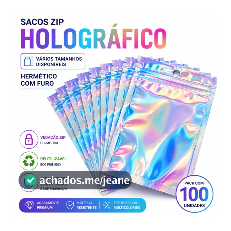 Sacos Zip Holográfico Hermético Frente Transparente c/ Furo com 100/50/10 unidades
