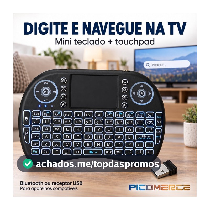 Mini Teclado Sem Fio com Touchpad RGB Bluetooth e Receptor USB para Smart TV TV Box e PC
