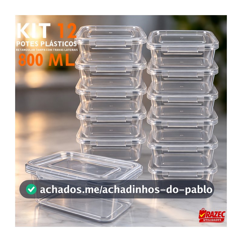 Kit Com 12 potes 800ml Tampa Com Trava Marmita Fitness Lavavel Freezer Microondas Durável BPAFree