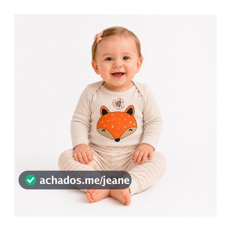 Conjunto Body Bebê 2 Peças Raposa Menina 100% Algodão Manga Longa RN ao GG