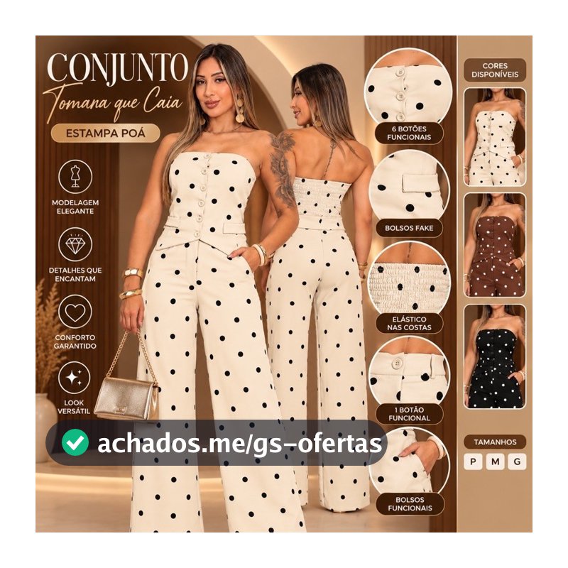 Conjunto Feminino Tomara que Caia Poá 6 Botões Calça Pantalona Elegante Moda Feminina