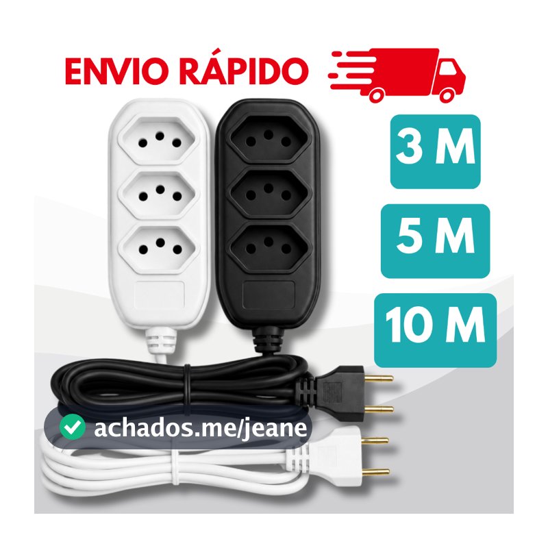 Extensão elétrica de 3 5 10 metros bivolt 110v/220v preta branca 3 pinos 10A padrão brasileiro