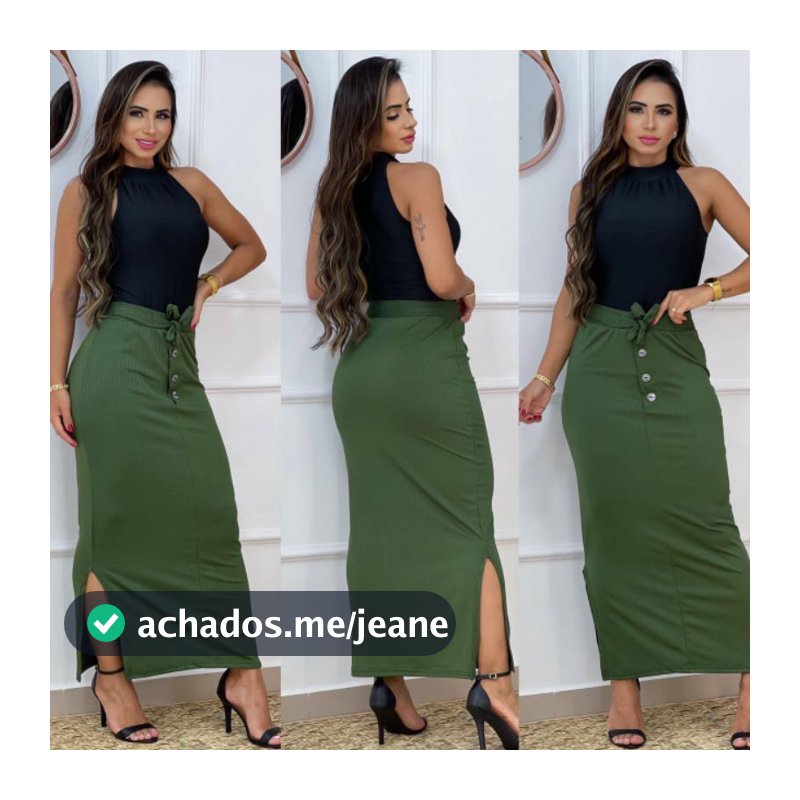 Saia longa com detalhe de botão e tira de amarrar,no canelado, tamanho G,veste do 38 ao 42