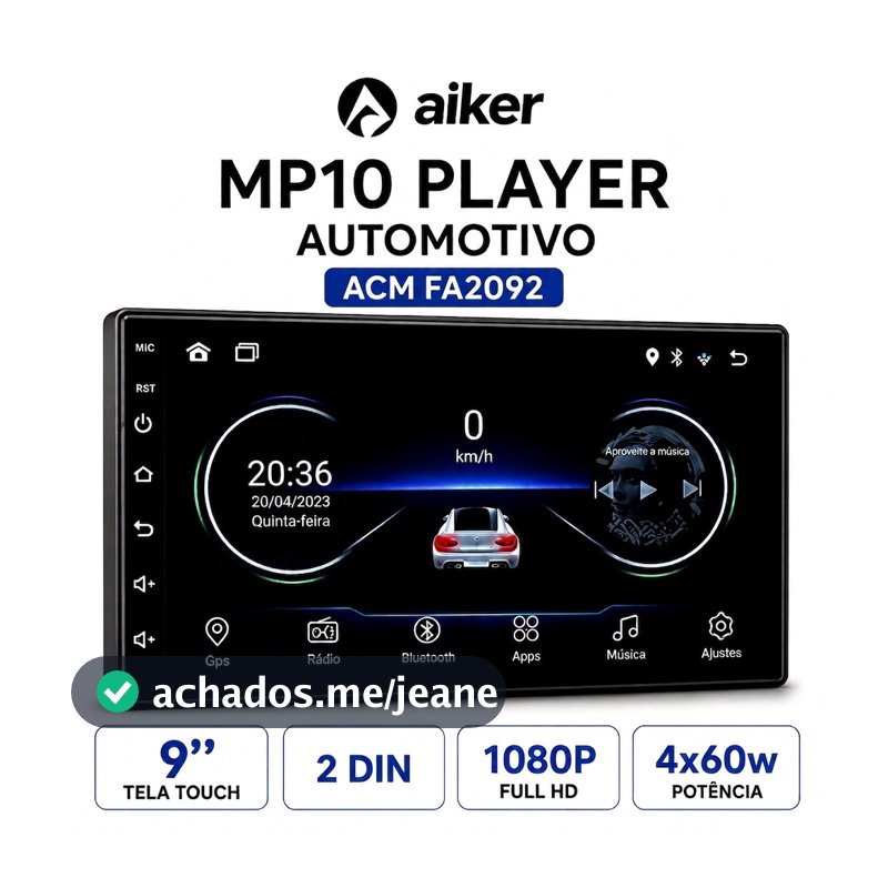 Player Automotivo MP10 9" 2 DIN Touch 1080P CarPlay Android Auto Bluetooth USB MicroSD 256GB