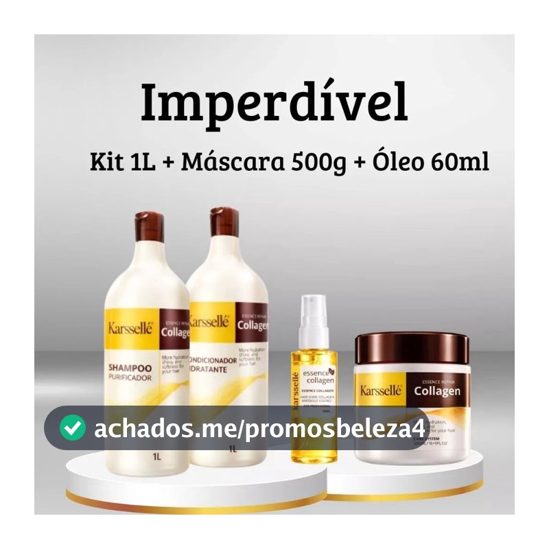 Kit 4 em 1 Completo Karssellé – Shampoo 1L + Condicionador 1L + Máscara 500ml + Óleo 60ml