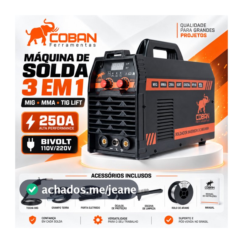 Máquina de Solda Coban Inversora MIG 250A MMA eletrodo Tig Lift Bivolt Smart Digital Profissional