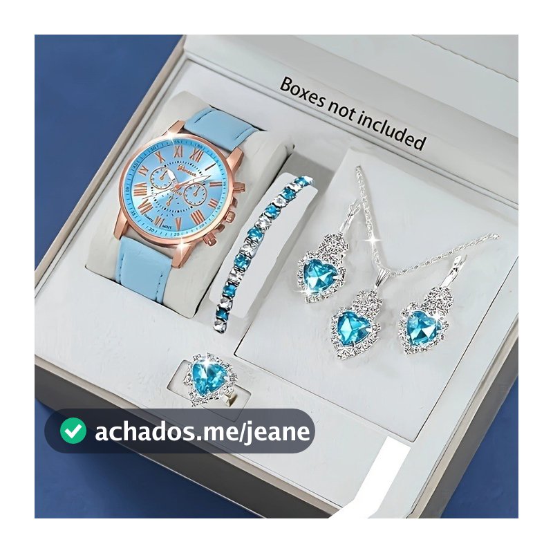 Conjunto De 1 Peça De Relógio De Couro Sintético Feminino Elegante Céu Azul Quartzo Romano E 5 Peças De Acessórios Coraç