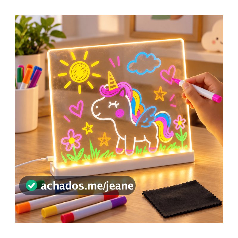 Luminária Led Escrever De Caneta Quadro Mesa Anotações 20x20 Canetas Coloridas Lousa Dia das Crianças