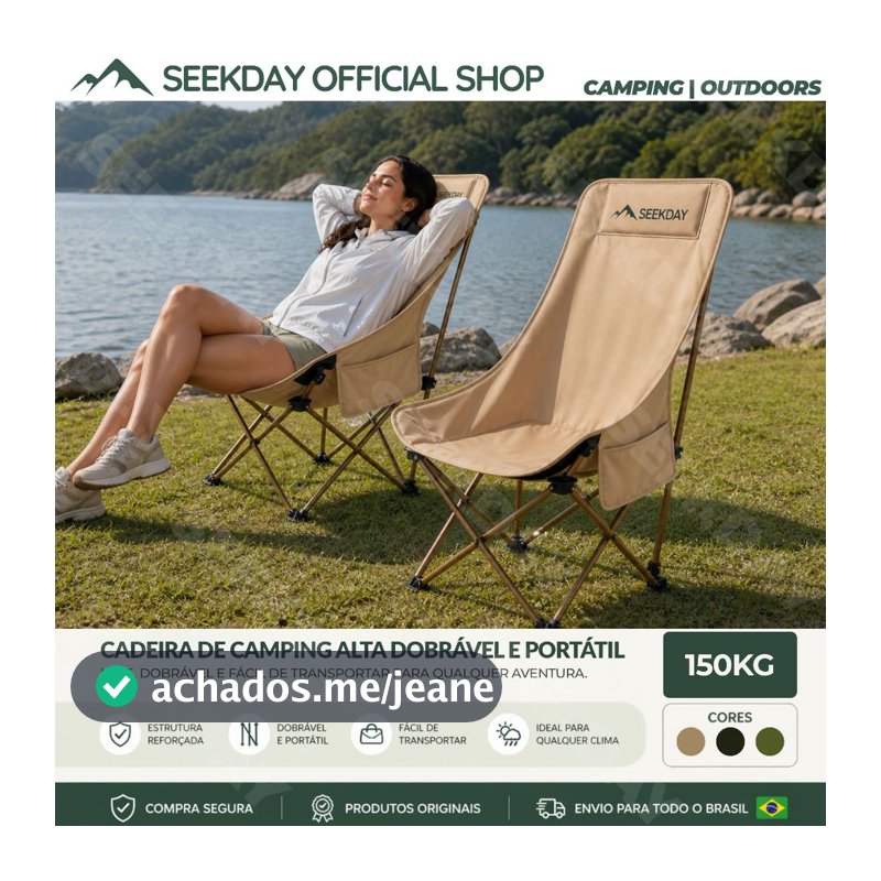 Seekday Cadeira De Camping Alta Dobrável Reforçada 150kg Encosto Ergonômico Portátil Praia
