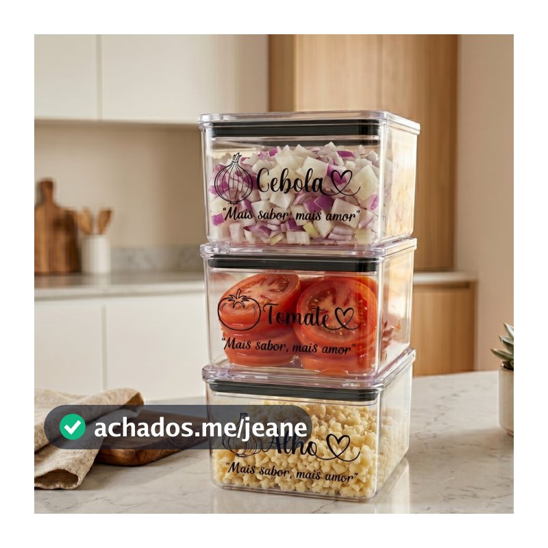 kIT 3 Potes 480ml Porta Tempero Com Adesivo Alho Cebola Tomate Organizadores Herméticos Acrilico Geladeira Cozinha