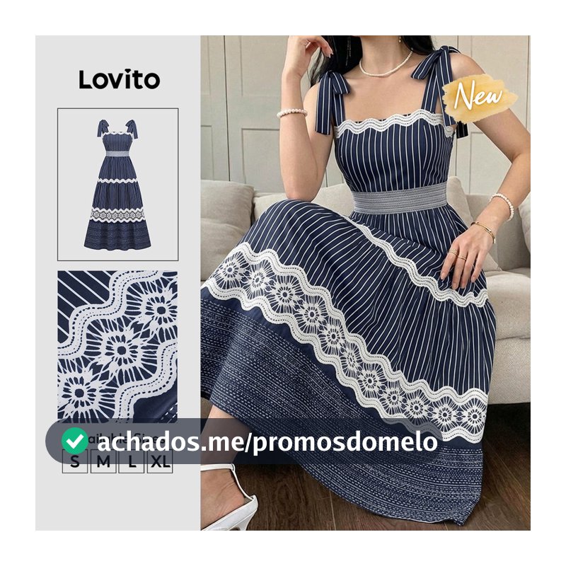 (New Arrival) Lovito Vestido Feminino Azul Escuro Casual Às Riscas Comprido Com Folhos E Camadas Escalonadas Para a Primavera/verão Férias E Fins De Semana DRB40BR035