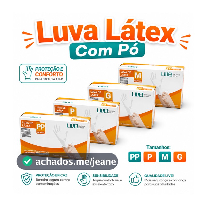 Luva Descartavel Látex Com Pó Cor Natural 100 Unidades PP, P, M, G Live
