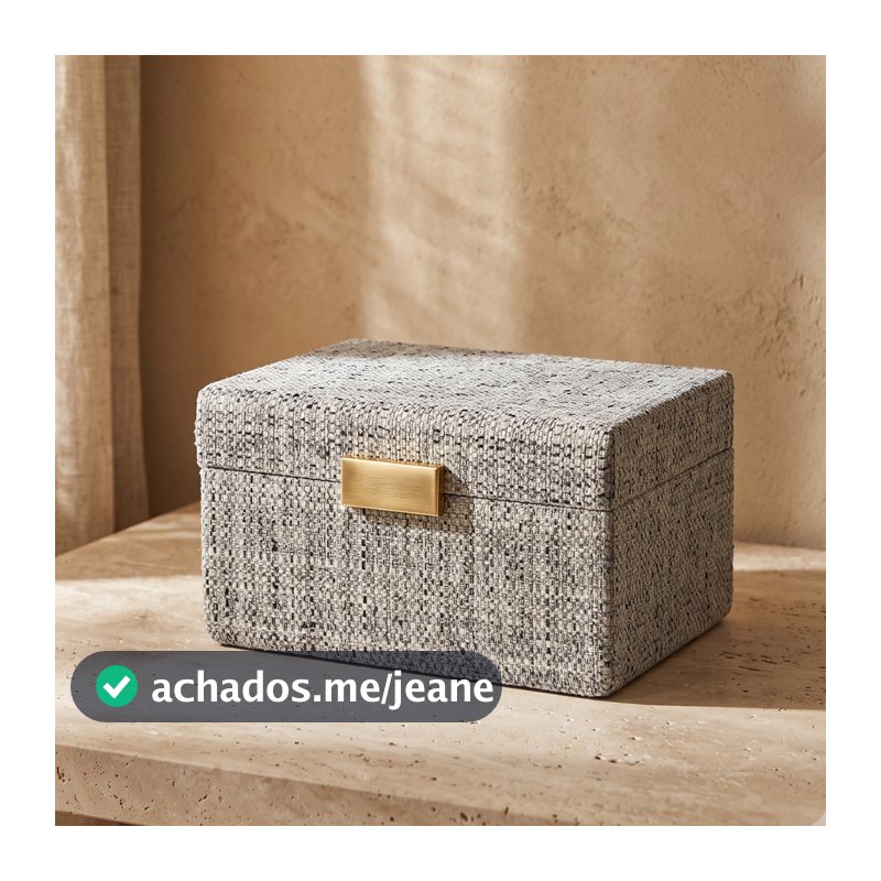 Caixa Decorativa Porta Joias de Madeira Revestida com Tecido Bege Puxador Metal Dourado