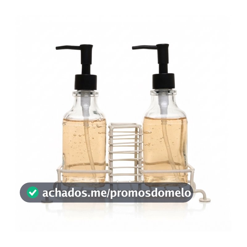 Porta Sabonete Líquido Duplo com Suporte para Esponja 280ml Preto Vidro Lyor Dispenser Pia Cozinha Banheiro e Lavanderia