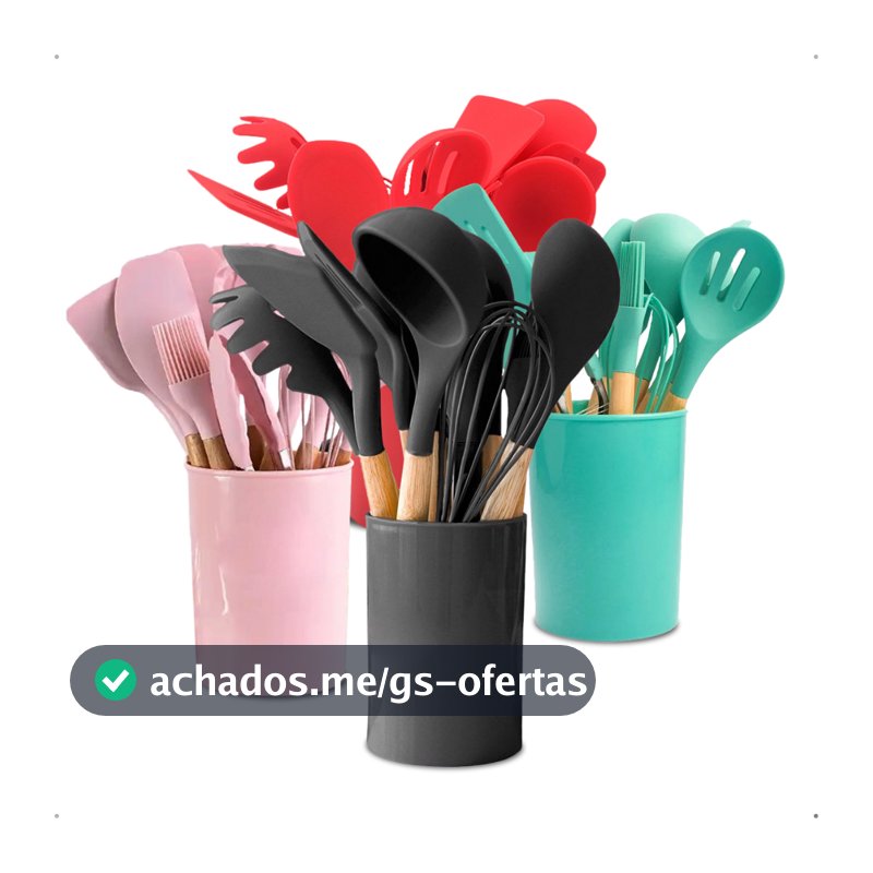 Kit Jogo 12 Utensílios Escumadeira De Cozinha Silicone com Cabo em Bambu