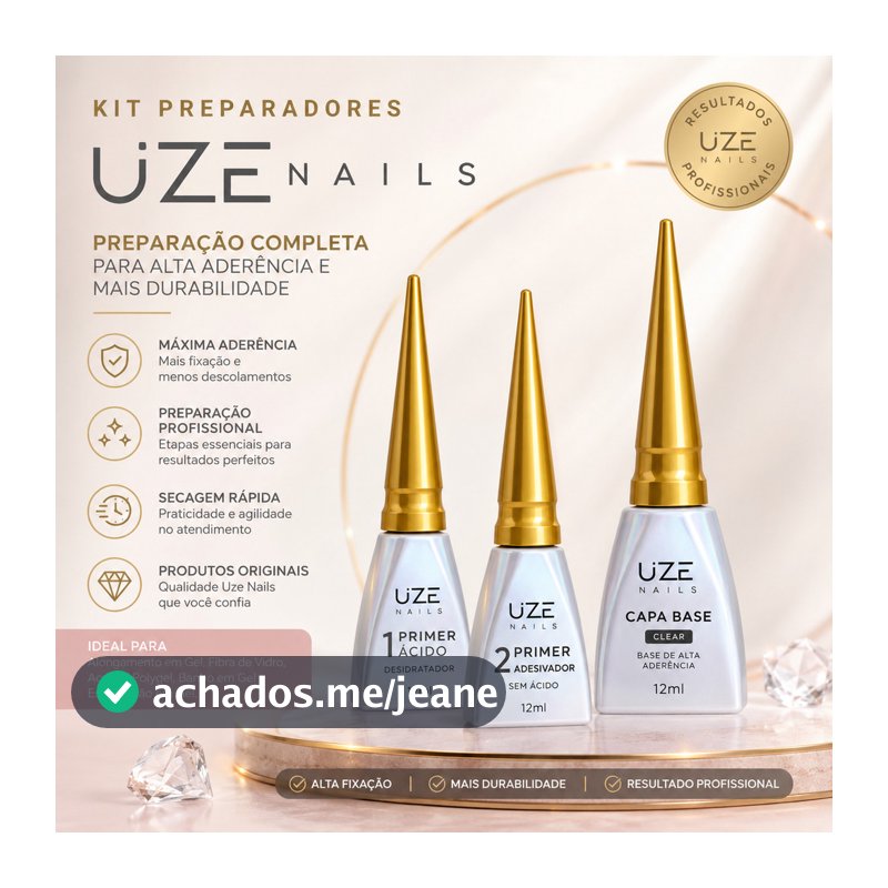 Kit Uze Nails Capa Base + Primer Ácido + Primer Adesivador Alongamento Kit Passo 1, 2 e 3 Uze Original