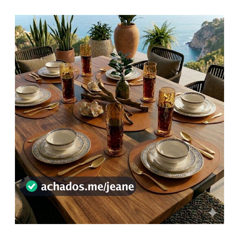 Jogo Americano Para Mesa De Jantar Couro + Porta Copo Sousplat Mesa Posta Dupla Face Preto Caramelo