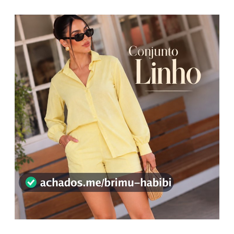 Conjunto Linho Feminino Camisa Manga Longa Shorts forrado