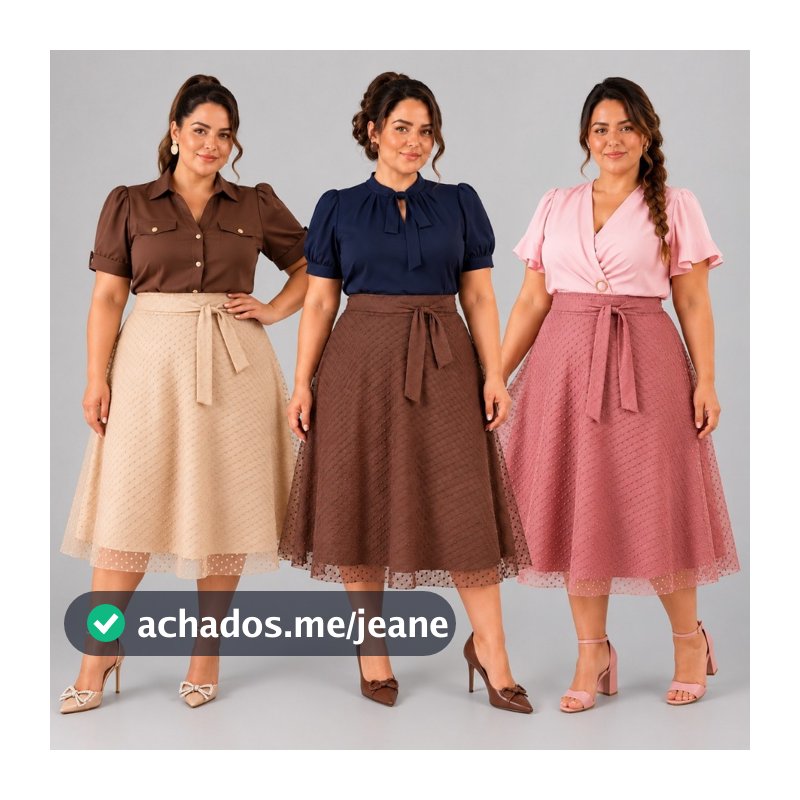 Saia Plus Size Midi Gode com laço na Cintura e Tule em Poa com Forro Moda Cristã Femenina