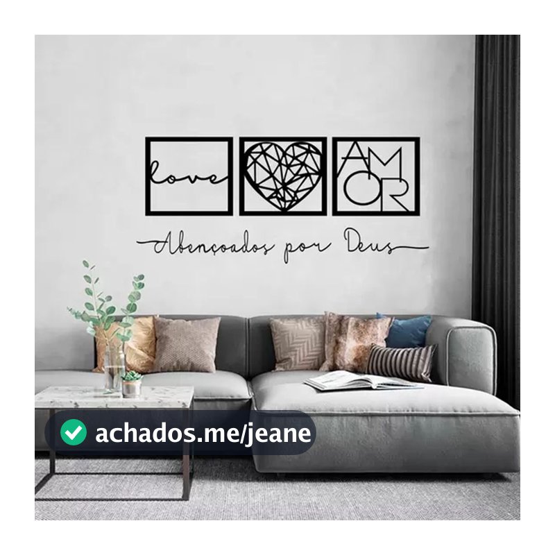 KIT 3 Quadros Love e Coração Geométrico Amor + Frase de Parede em MDF Preto C/Dupla Face