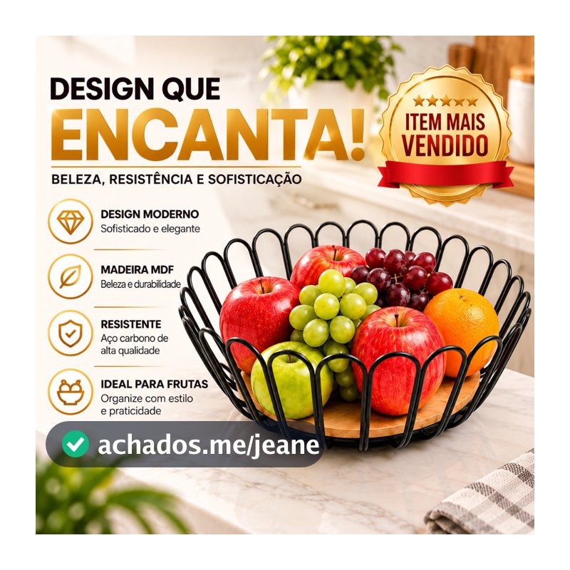 Fruteira De Mesa Redonda - Preta Com Base De Madeira 28cm Design moderno e elegante