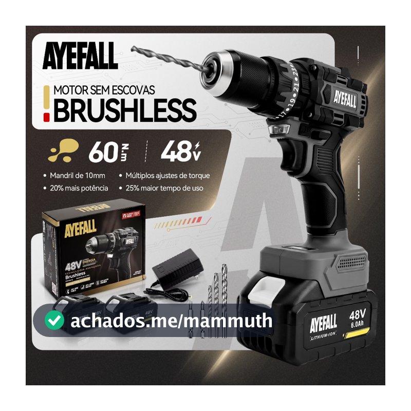 Parafusadeira Furadeira De Impacto Brushless 48V Sem Fio Kit Com 2 Baterias Brocas E Acessórios