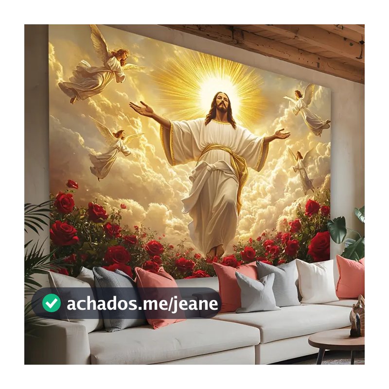 Quadro Decorativo Jesus Cristo Ascensão Celestial com Anjos e Rosas Vermelhas