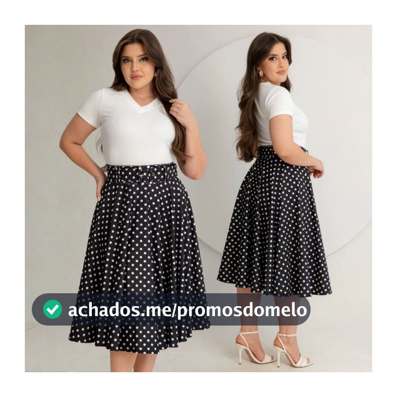 Saia Midi Godê Feminina com Cinto Estampada Poá Bolinhas Moda Modesta Elegante