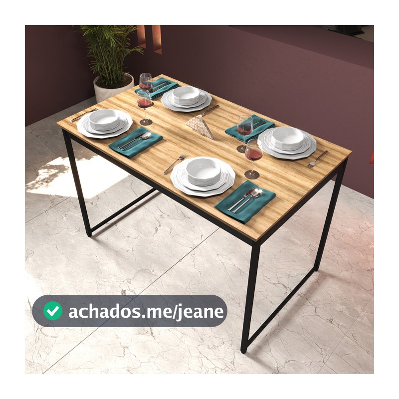 Mesa de Jantar Industrial 4 Lugares Cozinha 105 x 45 cm com Tampo de Madeira e Pés Metal ShoopMaga