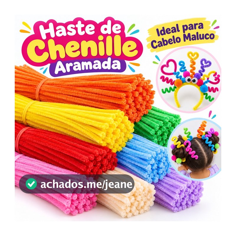 Chenille Colorido para Cabelo Maluco Haste Aramada Flexível Infantil Kit 25 50 100 Unidades